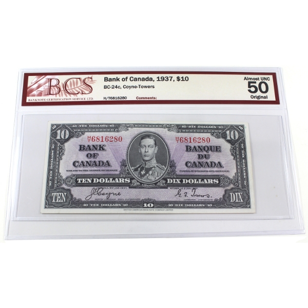 BC-24c 1937 $10 BCS AU50 Original Coyne-Towers SN: H/T6816280