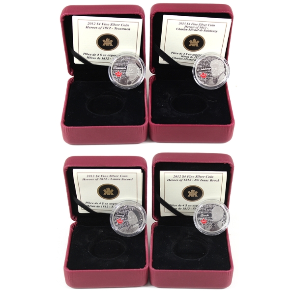 Group Lot of 2012-2013 $4 Heroes of 1812 .9999 Fine Silver Coins. 4pcs. (Tax Exempt)