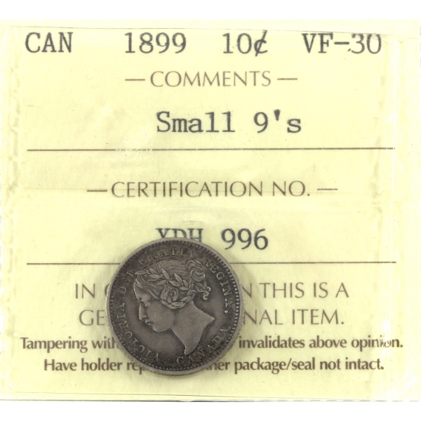 10-cent 1899 Small 9's ICCS VF30
