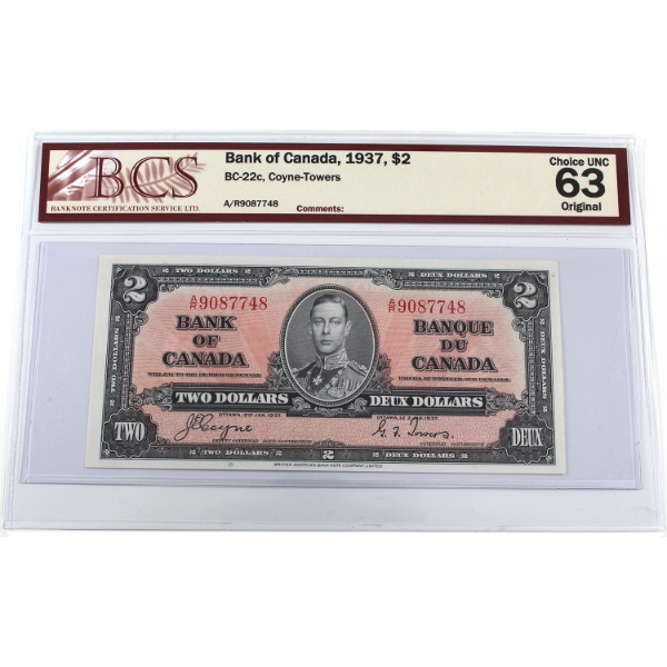 BC-22c 1937 $2 BCS CUNC63 Original Coyne-Towers SN: A/R9087748