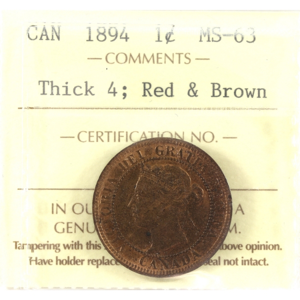 1-cent 1894 Thick 4 ICCS MS63 Red & Brown
