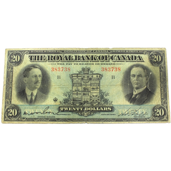 630-14-12 1927 $20 The Royal Bank of Canada VG Wilson-Holt SN: 383738 ppB