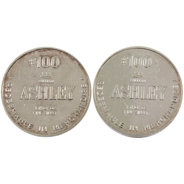 2x 1oz $100 William Ashley Merchandise Tokens. 2pcs. (Tax Exempt)