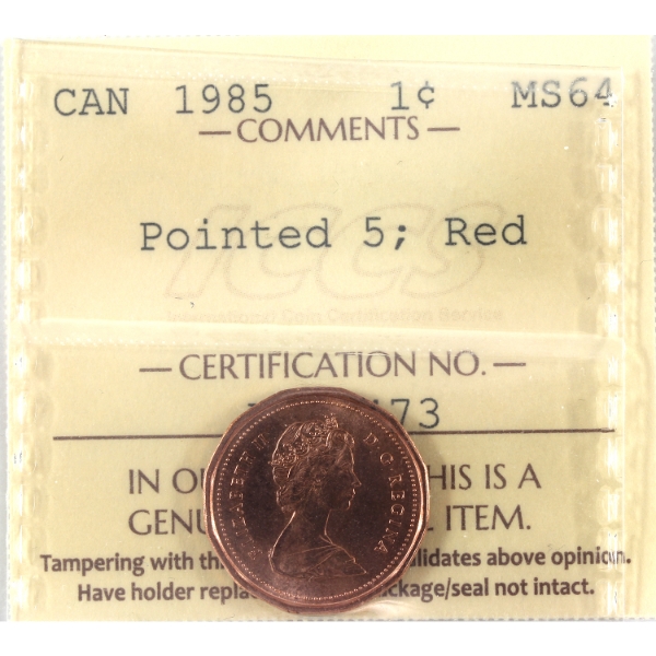 1-cent 1985 Pointed 5 ICCS MS64 Red