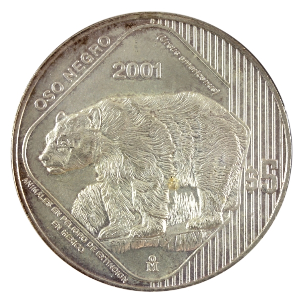 Mexico 2001 5 Pesos Oso Negro Medallion 1oz-.999 Silver, 40mm. (Tax Exempt)