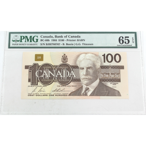 BC-60b 1988 $100 PMG GEM UNC65 EPQ Bonin-Thiessen SN: BJI6780767