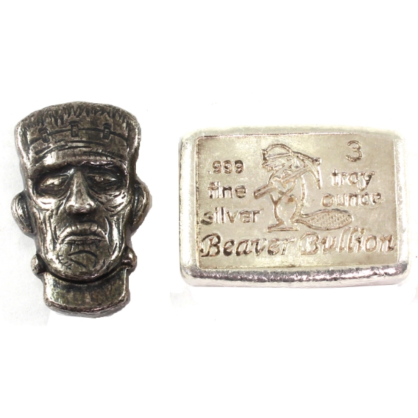4.5oz Lot Total! 3oz Beaver Bullion Bar & 1.5oz MPM Frankenstein Head Art Bar .999 Fine Silver. 2pcs