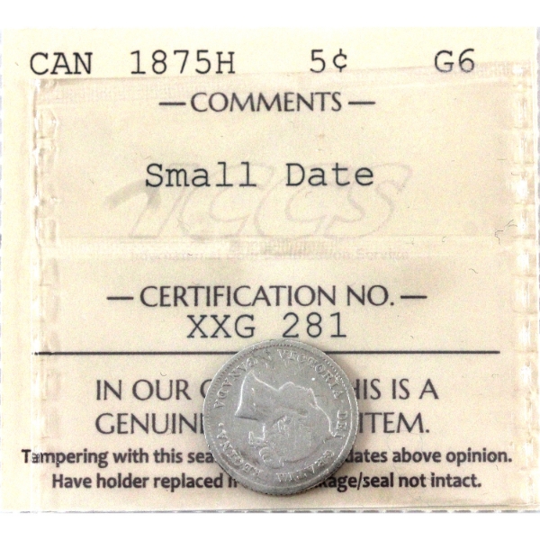 5-cent 1875H Small Date ICCS G6