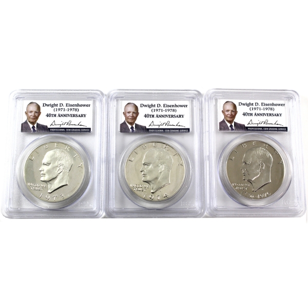 USA 1973-S Silver, 1974-S Silver & 1976-S Clad Type 1 Eisenhower Dollars PCGS PR69 DCAM. 3pcs