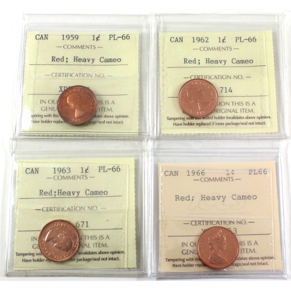 1-cent 1959, 1962, 1963, & 1966 ICCS PL66 Red HC. 4pcs.