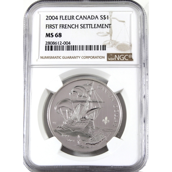 2004 $1 400th Ann. of 1st French Settlement Fine Silver Coin NGC MS68 w/ Fleur de Lis Privy Mark