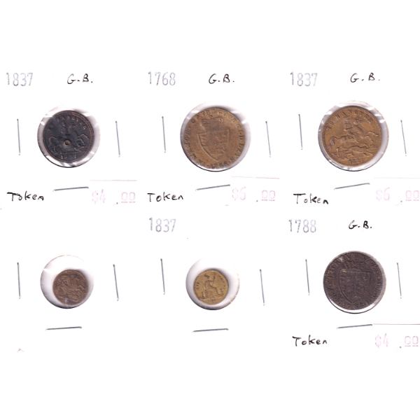 Bulk Lot of 1768-1837 Great Britain Tokens. 6pcs