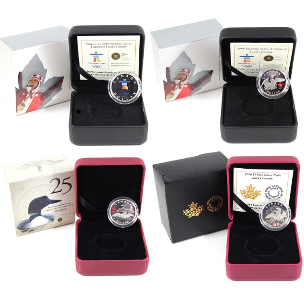 Group Lot of 2008-2012 $1 Lucky Loonies w/ Selective Colour. 4pcs.