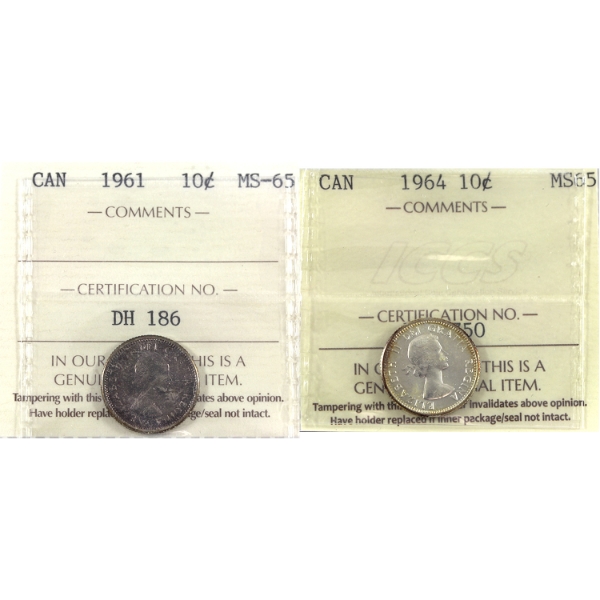 10-cent 1961 & 1964 ICCS MS65. 2pcs.