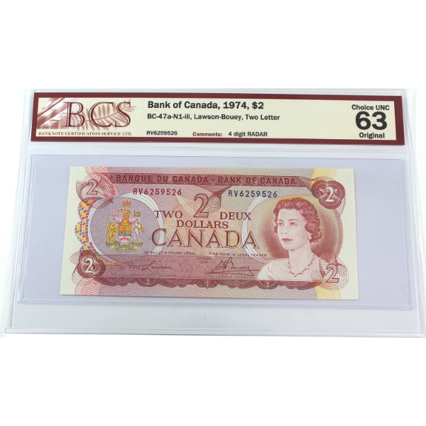 RADAR BC-47a-N1-iii 1974 $2 Two Letter, 4-Digit RADAR BCS CUNC63 Original Lawson-Bouey SN: RV6259526