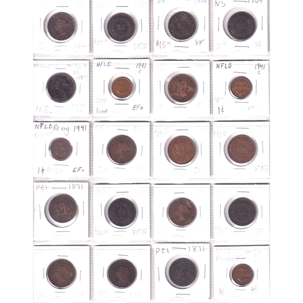 Bulk Collection of Canadian Maritime 1-cent 1864-1941 VG to MS60 in 20-Pocket Sheets. 24pcs.