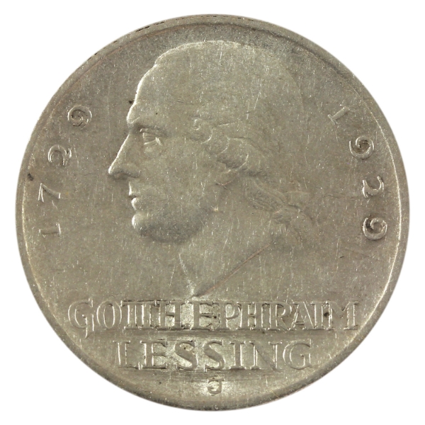 Germany-Weimar Republic Silver 1929J 3 Reichsmark Lessing EF-AU
