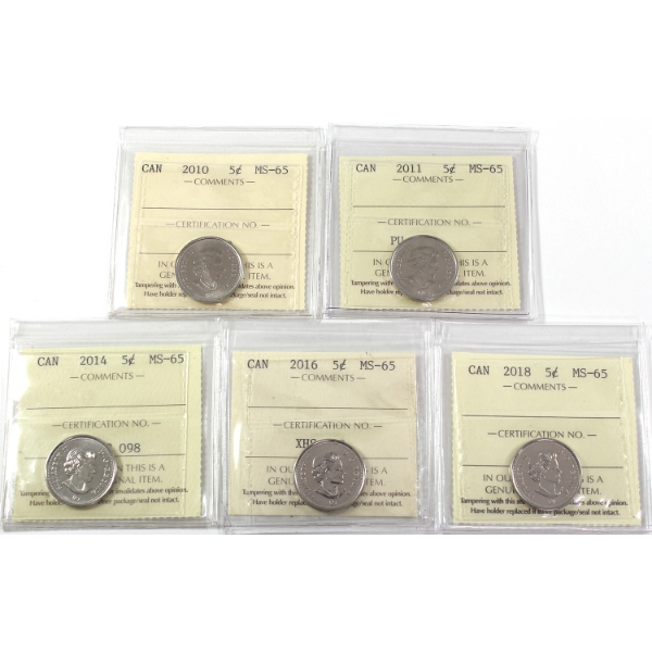 5-cent 2010-2018 ICCS MS65. 5pcs.