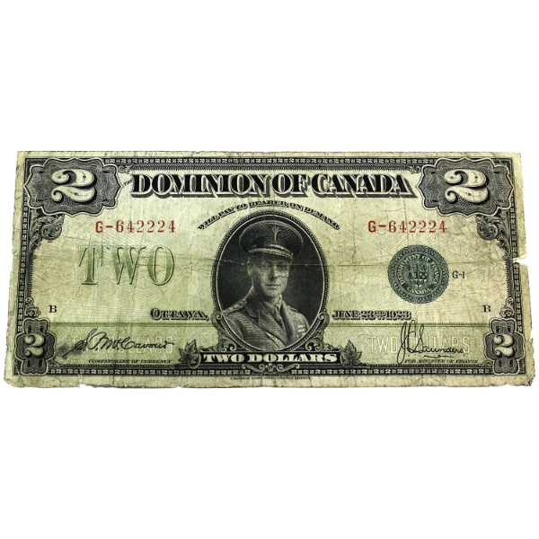 DC-26d 1923 $2 VG-F McCavour-Saunders, Green Seal 1 SN: G-642224 Check Letter B