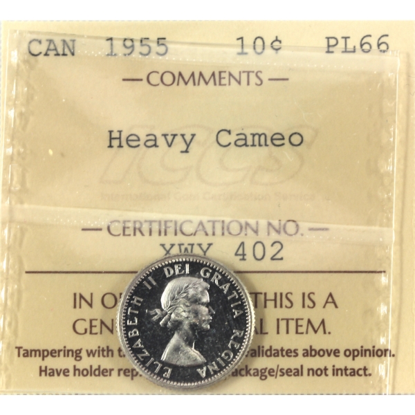 10-cent 1955 ICCS PL66 Heavy Cameo