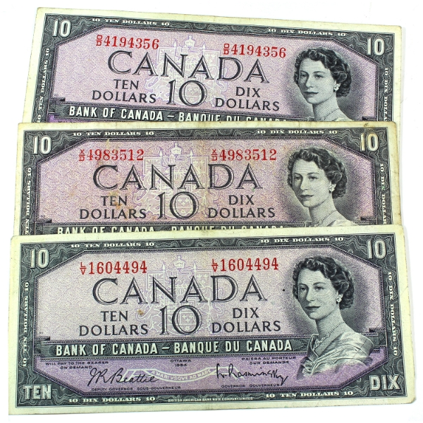 Group Lot of BC-40a & BC-40b 1954 $10 VF to EF Beattie-Coyne & Beattie-Rasminsky. 3pcs.