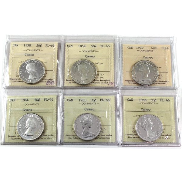 50-cent 1958-1966 ICCS PL66 Cameo. 6pcs.