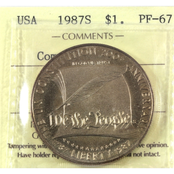 USA Silver 1987S US Constitution Bicentennial Commemorative Dollar ICCS PF67 HC