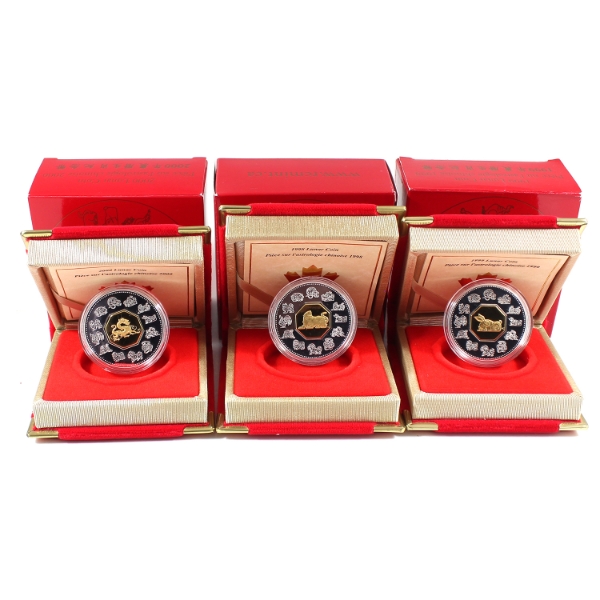 1998-2000 $15 Sterling Silver Lunar Coins w/ Gold Plated Cameos. 3pcs