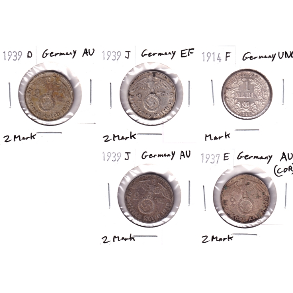 Germany Silver 1914-1939 Mark & 2 Mark EF to UNC. 5pcs.