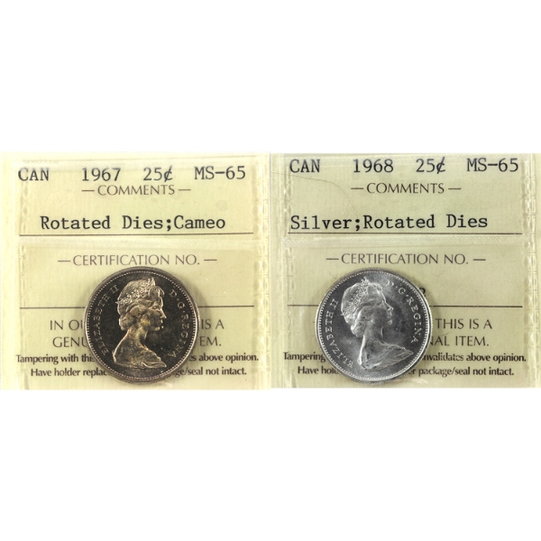 2x 25-cent 1967 Rotated Dies Cameo, & 1968 Silver Rotated Dies ICCS MS65. 2pcs.