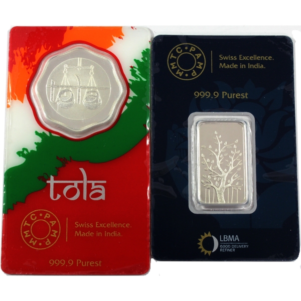 21.66g Lot Total! MMTC-PAMP 10g Banyan Tree Bar & 11.6638g Tola Coin Scalloped Round. 2pcs.