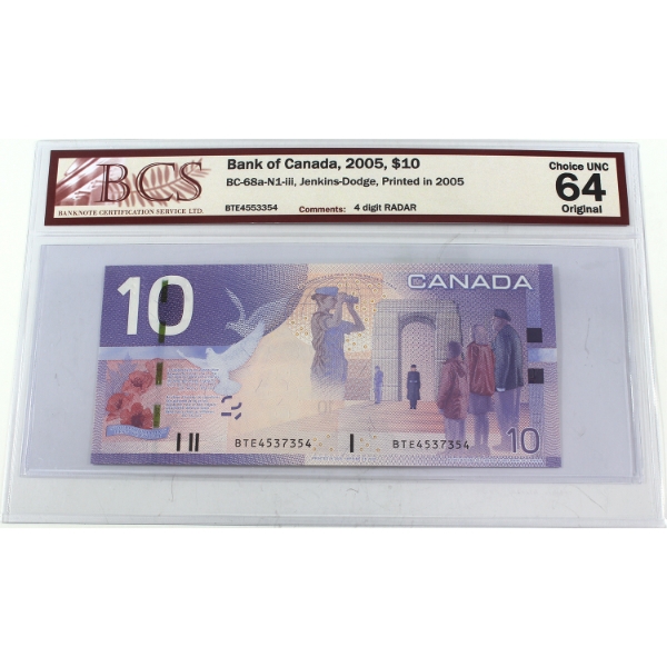 RADAR BC-68a-N1-iii 2005 $10 4-digit RADAR BCS CUNC64 Original Jenkins-Dodge SN: BTE4537354
