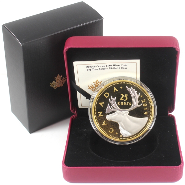2019 Big Coin Series: 25-cent 5oz .9999 Fine Silver Coin w/ Reverse Gold Plating (Tax Exempt)