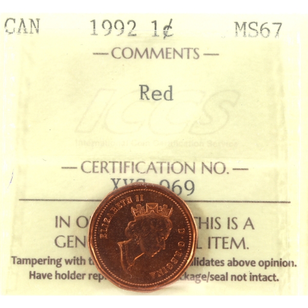 1-cent 1992 ICCS MS67 Red
