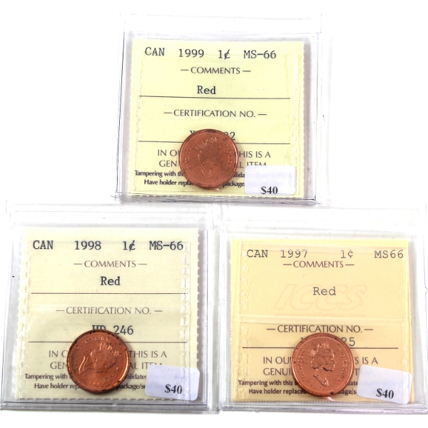 1-cent 1997-1999 ICCS MS66 Red. 3pcs.