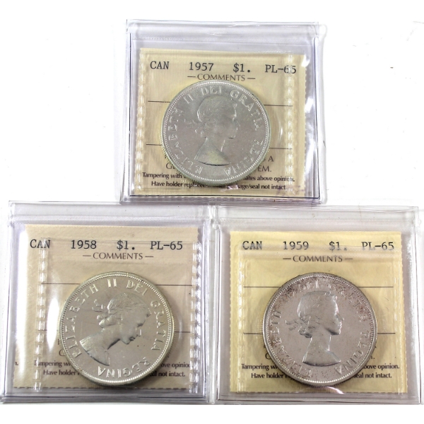 Silver $1 1957, 1958, & 1959 ICCS PL65. 3pcs.
