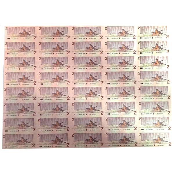 BC-55c 1986 $2 Bonin-Thiessen Uncut Sheet in 8x5 Format. 40pcs.