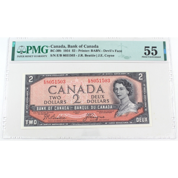 BC-30b 1954 $2 Devil's Face PMG AU55 Beattie-Coyne SN: E/B8051503