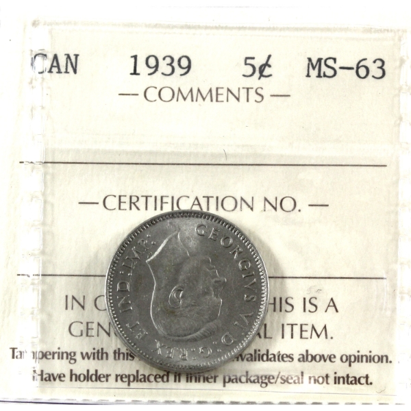 5-cent 1939 ICCS MS63 