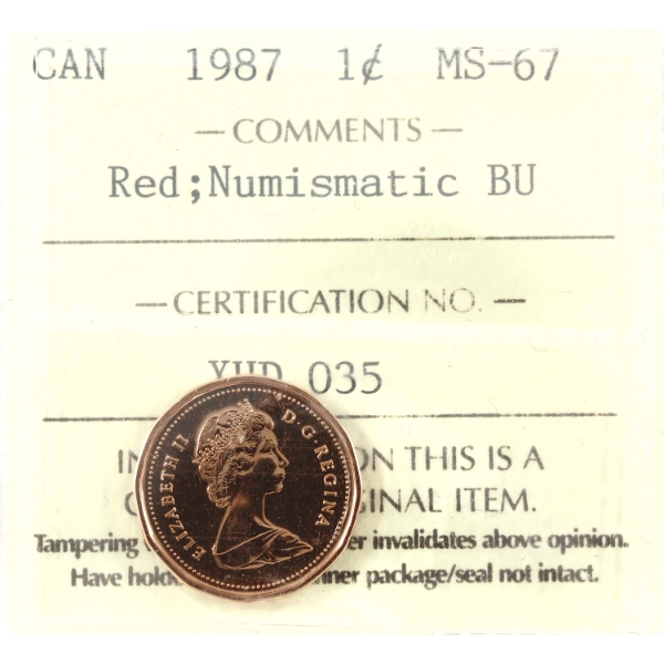 1-cent 1987 ICCS MS67 Red, NBU