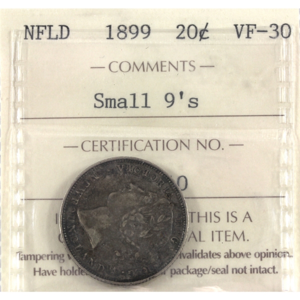 Newfoundland 20-cent 1899 Small 9's ICCS VF30