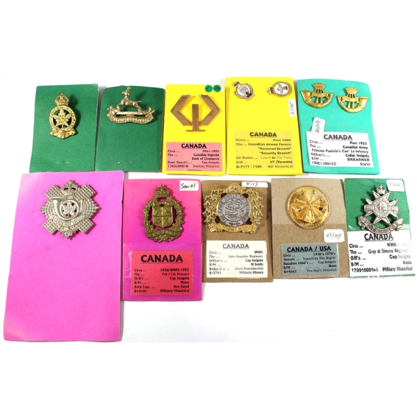 Group Lot of 11x US & Canada Cap Badges, Pins & Uniform Badges. 11pcs