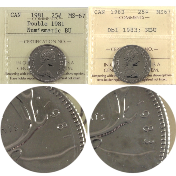 2x 25-cent 1981 & 1983 Double Date ICCS MS67 NBU. 2pcs.