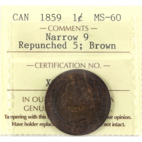 1-cent 1859 N9 Repunched 5 ICCS MS60 Brown