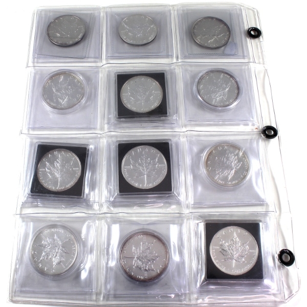 Bulk Lot of 1oz 1988-1999 $5 Silver Maple Leaf .9999 Fine Coins in 12-Pocket Sheet. 12pcs