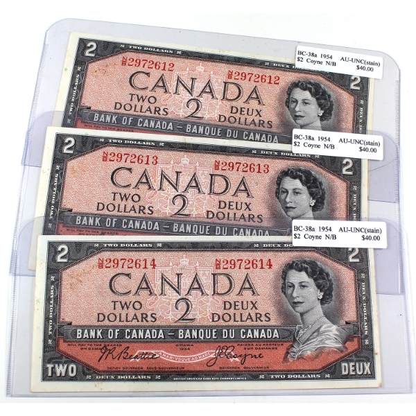 3x BC-38a 1954 $2 Consecutive AU-UNC Beattie-Coyne SN: N/B2972612-"14. 3pcs.