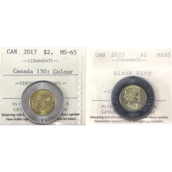 $2 2017 Canada 150; Colour & 2022 Black Ring ICCS MS65. 2pcs