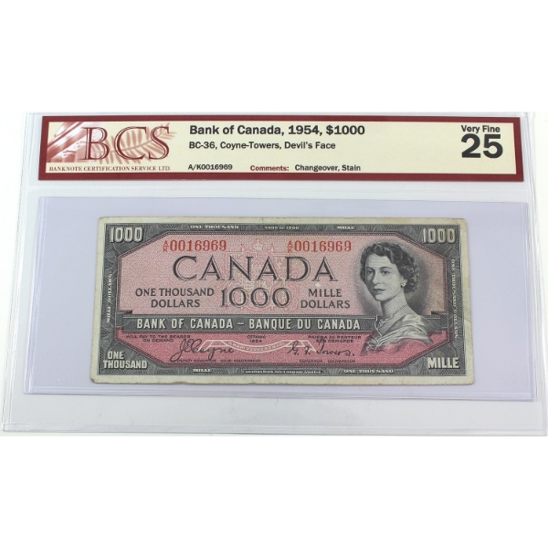 BC-36 1954 $1000 Devil's Face BCS VF25 Coyne-Towers Changeover SN: A/K0016969
