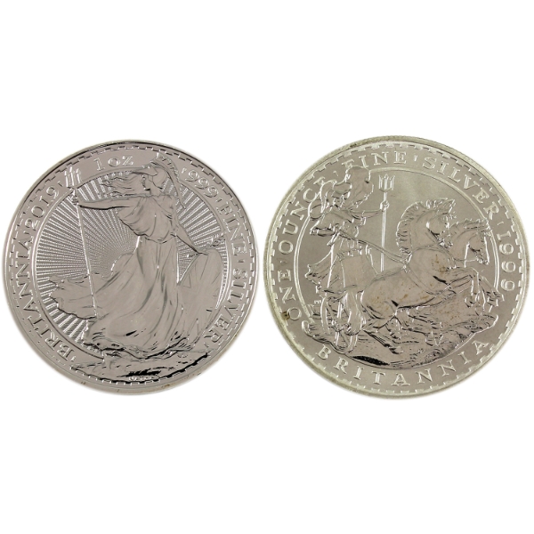 2x 1oz Great Britain 1999 & 2019 2 Pound Britannia. 2pcs (Tax Exempt)