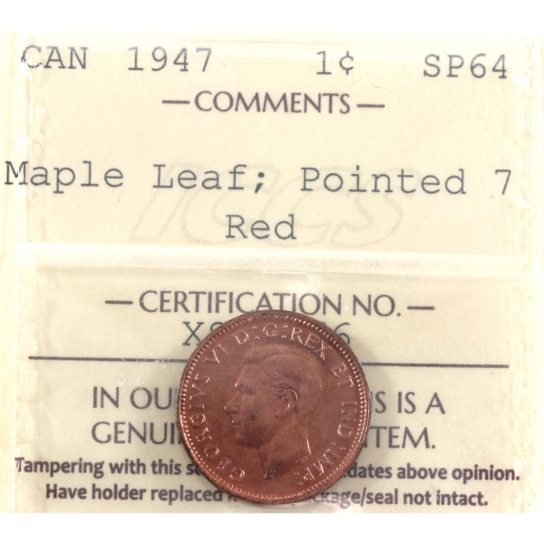 1-cent 1947 Maple Leaf Pointed 7 ICCS SP64